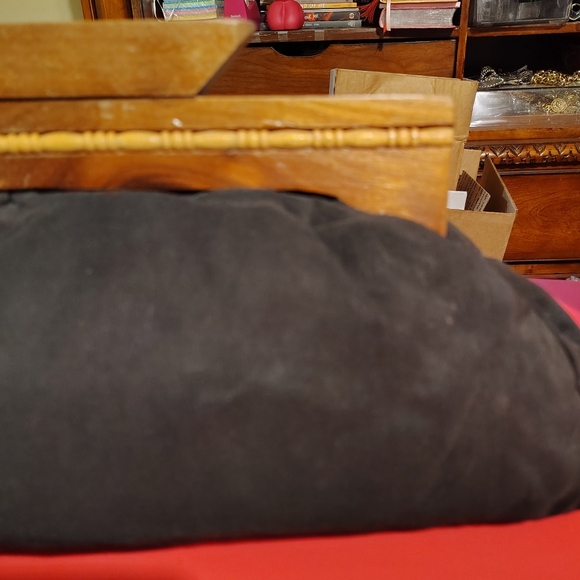 Vtg Black Soft Pouch Wooden Big Clutch Bag - Picture 4 of 10